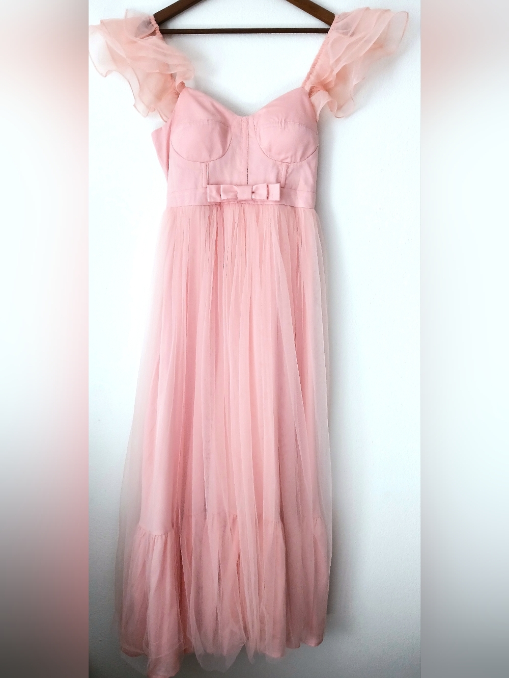Blush PINK Tulle Midi DRESS Ruffle Bow Waist MABLE Graduation Wonen's Size M - Picture 2 of 15